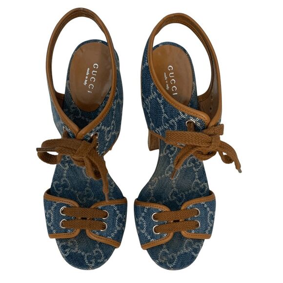 Gucci Double GG Logo Canvas Platform Sandal EU 38 US 8 Blue Slingback High Heel - Picture 3 of 11